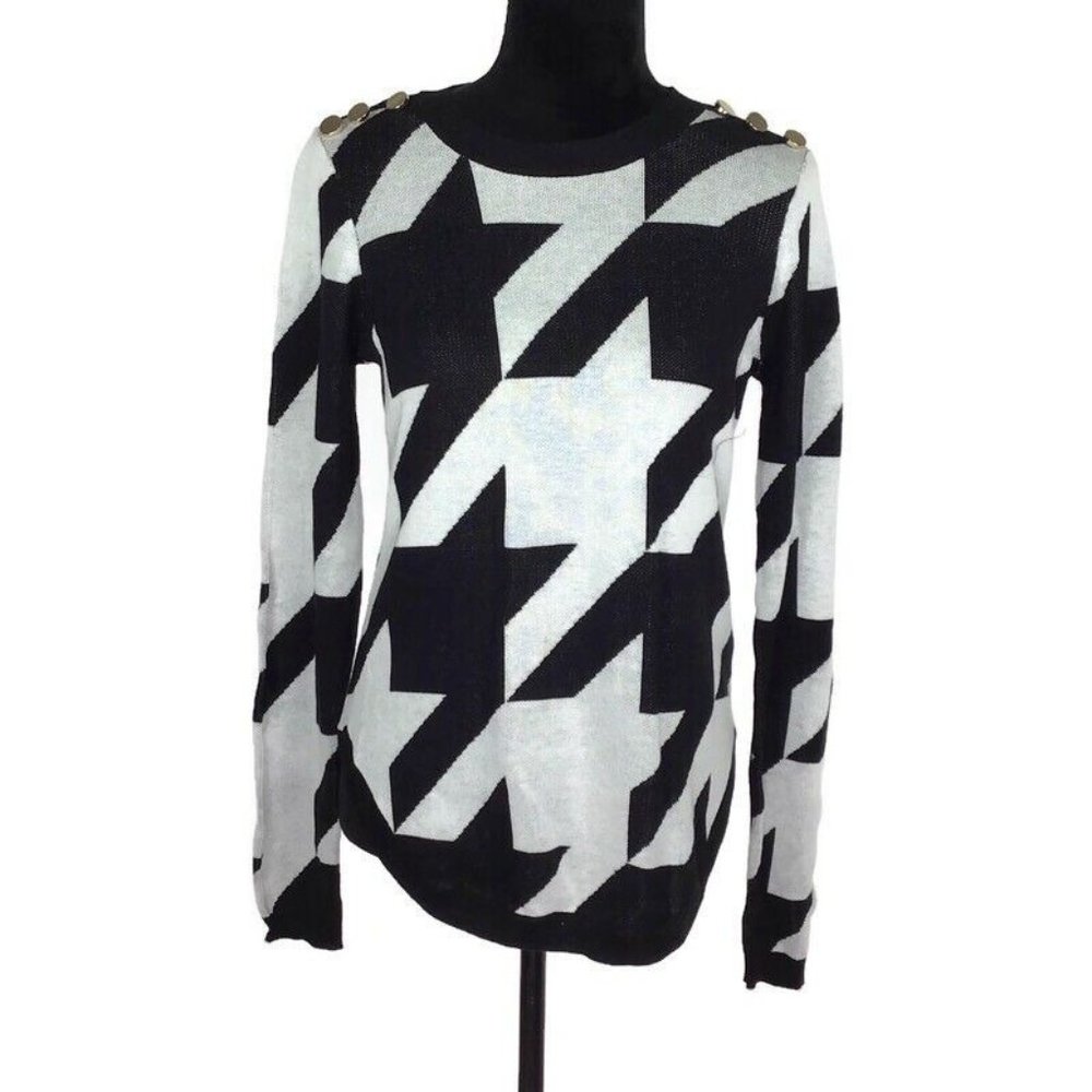 Belle Belldini NEW Black White Houndstooth w/ Gold Button Sweater Crewneck Sz M
